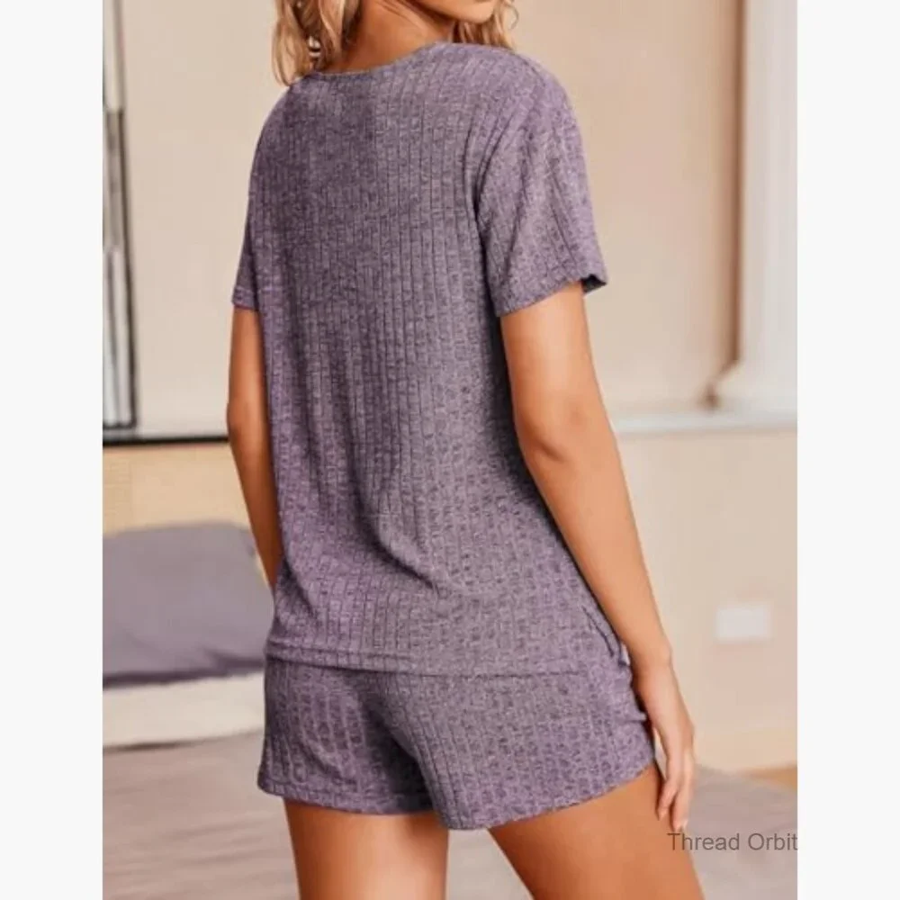 Large Ribbed Knit Lounge Set Short Sleeve V-Neck Top and Drawstring Shorts_5